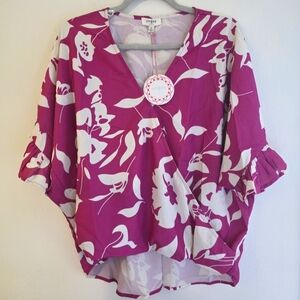 Umgee Floral V-Neck Ruffle Sleeve Purple and White Wrap‎ Blouse Sz Medium